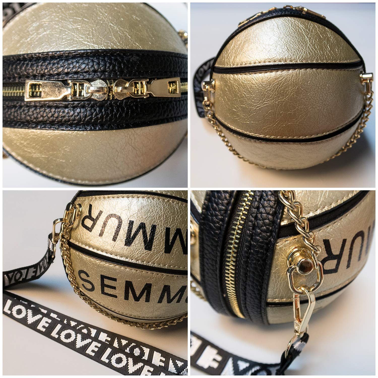 Basketball Shaped Shoulder Messenger Purse Bag Mini Tote Cross Body PU Handbag Adjustable Strap For Women Girls Men (Gold)