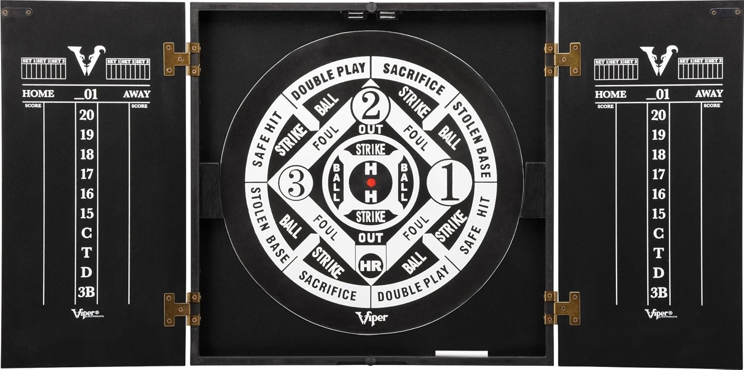 Viper Hideaway Cabinet & Steel-Tip Dartboard Ready-to-Play Bundle, Reversible Standard and Baseball Game Options with Two Sets of Steel-Tip Darts and Chalk Scoreboards, Black Matte Finish : Sports & Outdoors