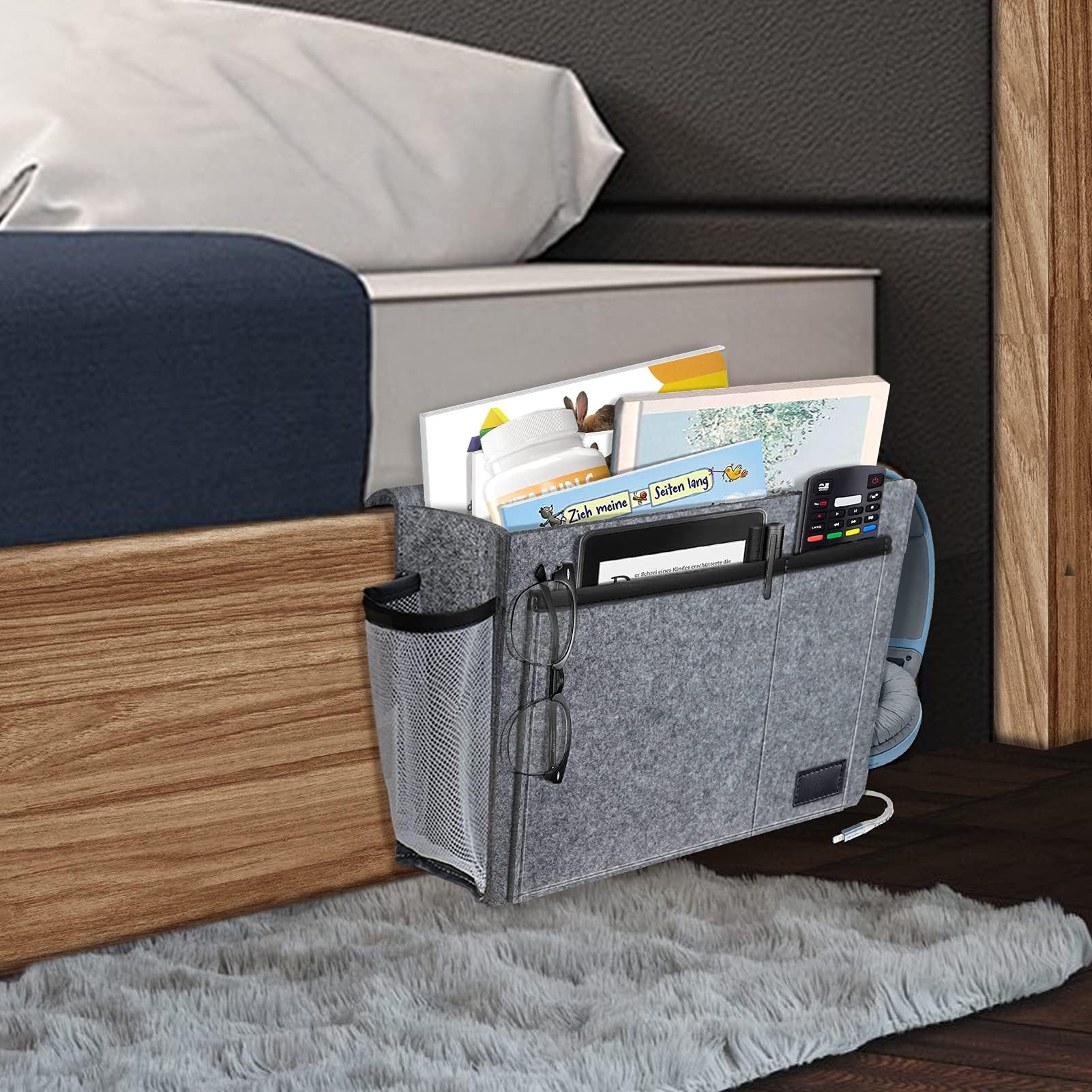 Felt Sofa Remote Holder Hanging Bed Organizer Caddy with 5 Pockets for Magazine, Earphone, Grey