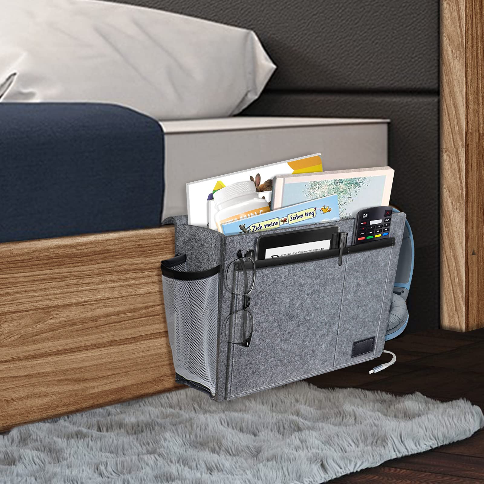 Felt Sofa Remote Holder Hanging Bed Organizer Caddy with 5 Pockets for Magazine, Earphone, Grey