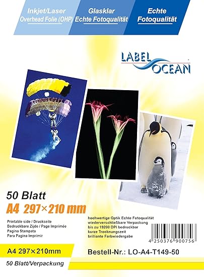 50 Blatt A4 Overheadfolie (OHP Transparentfolie Transparentpapier) für Inkjetdrucker Laserdrucker Tintenstrahldrucker Kopiere