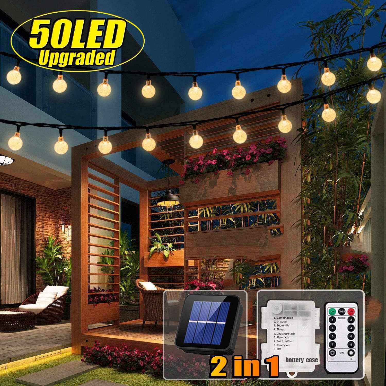 iihome 90 LED 50 ft Solar Powered Garden Lights Outdoor Waterproof String Lights Crystal Ball Decorative Lighting for Garden Patio - Image 3