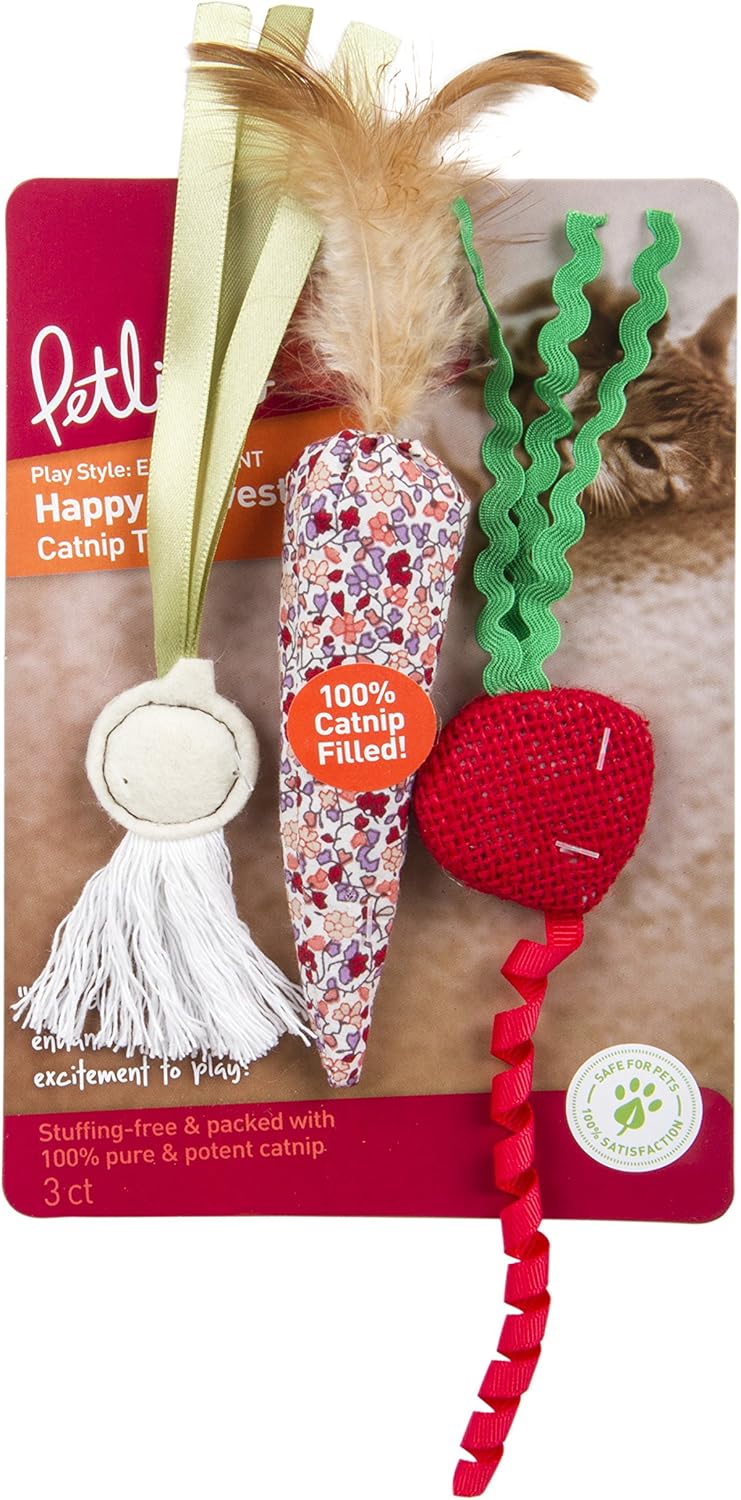 Petlinks, Happy Harvest, Catnip Filled Cat Toys, Vegetable Shaped Plush, No Stuffing, With Burlap, Feathers, Fringe and Ribbons, Set of 3