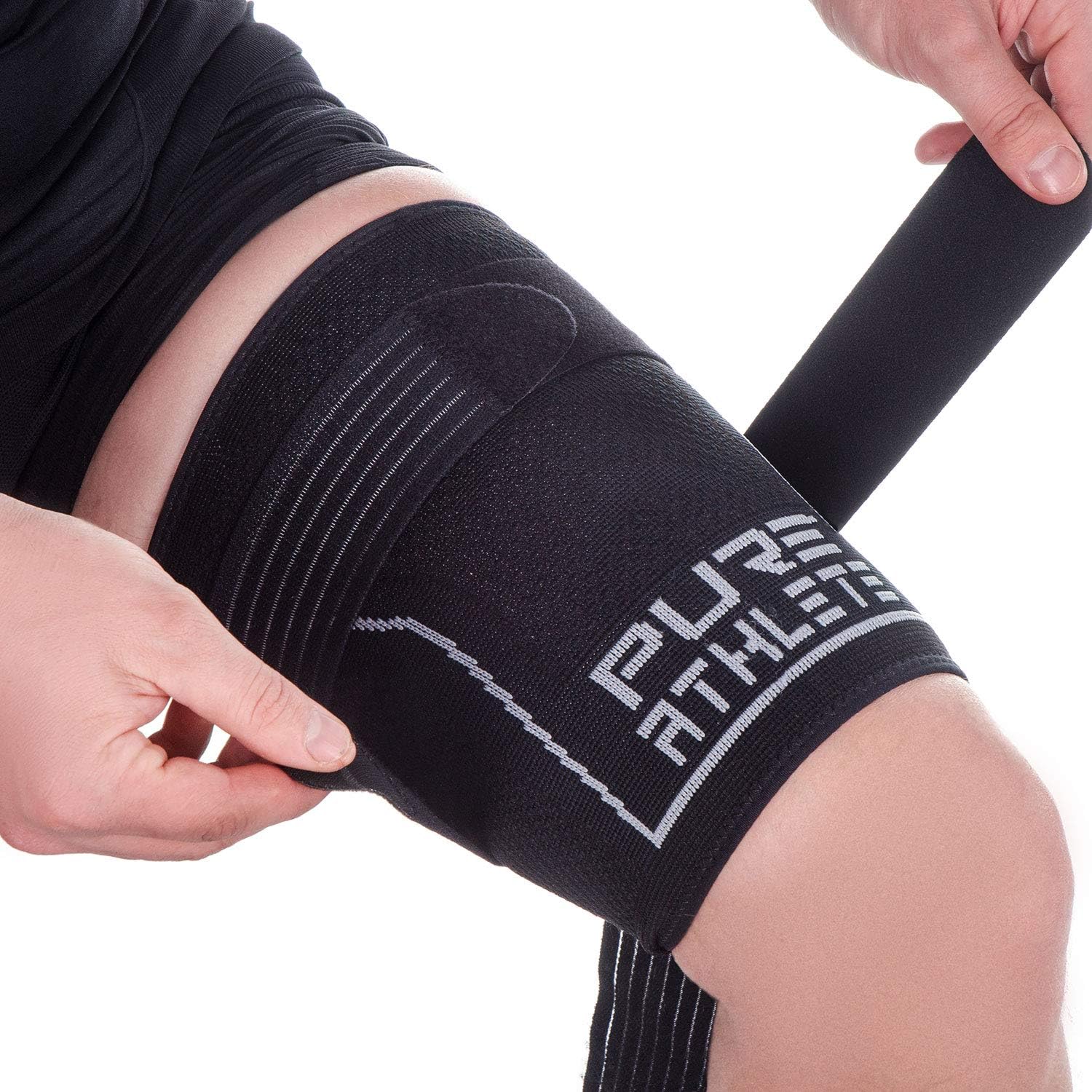 Thigh Compression Sleeve – Adjustable Straps Quad Wrap Support Brace, Hamstring Upper Leg (1 Sleeve - Black, Small): Sports & Outdoors