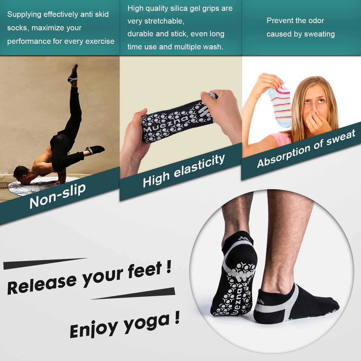 Muezna Men's Non-Slip Yoga Socks, Anti-Skid Pilates, Barre, Bikram Fitness Hospital Slipper Socks with Grips : Clothing
