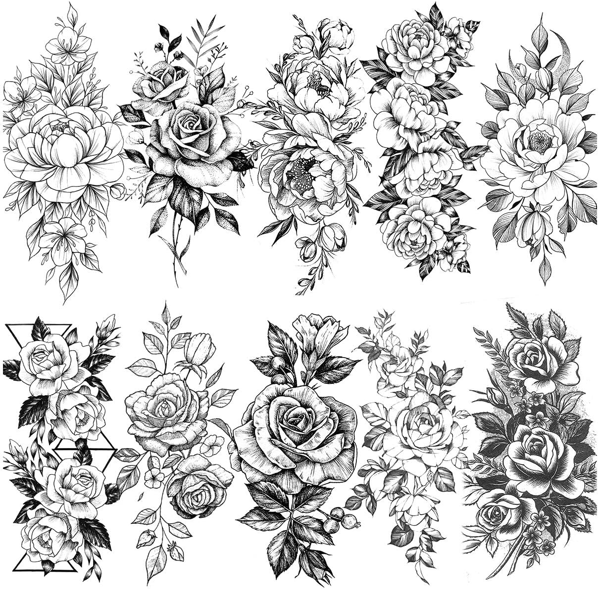 LAROI 10 Sheets Large Realistic Rose Peony Flower Temporary Tattoos