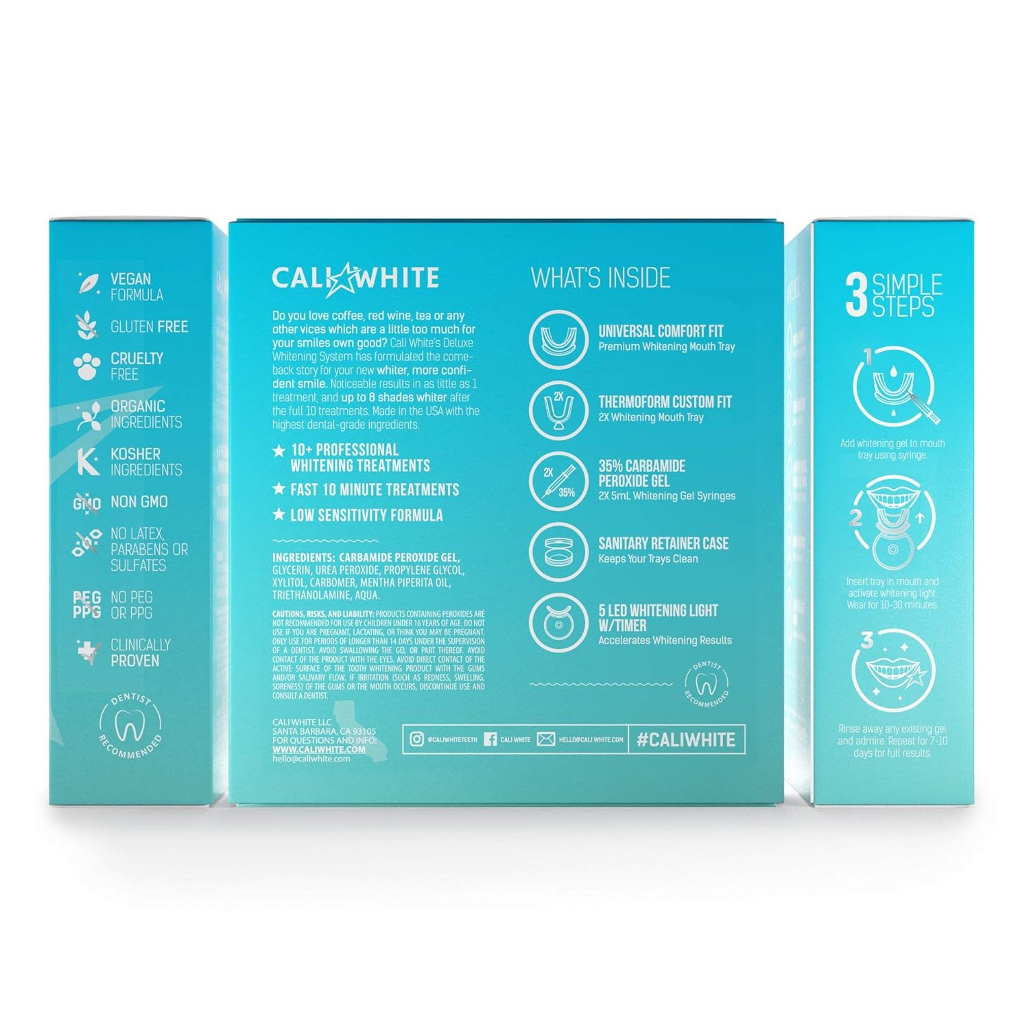 Cali White Vegan Teeth WHITENING KIT with LED Light, Made in USA, Natural & Organic Peroxide Gel, Professional Dental Whitener, Best Home System: 2 X 5mL Syringes, Custom Trays, Retainer Case: Beauty
