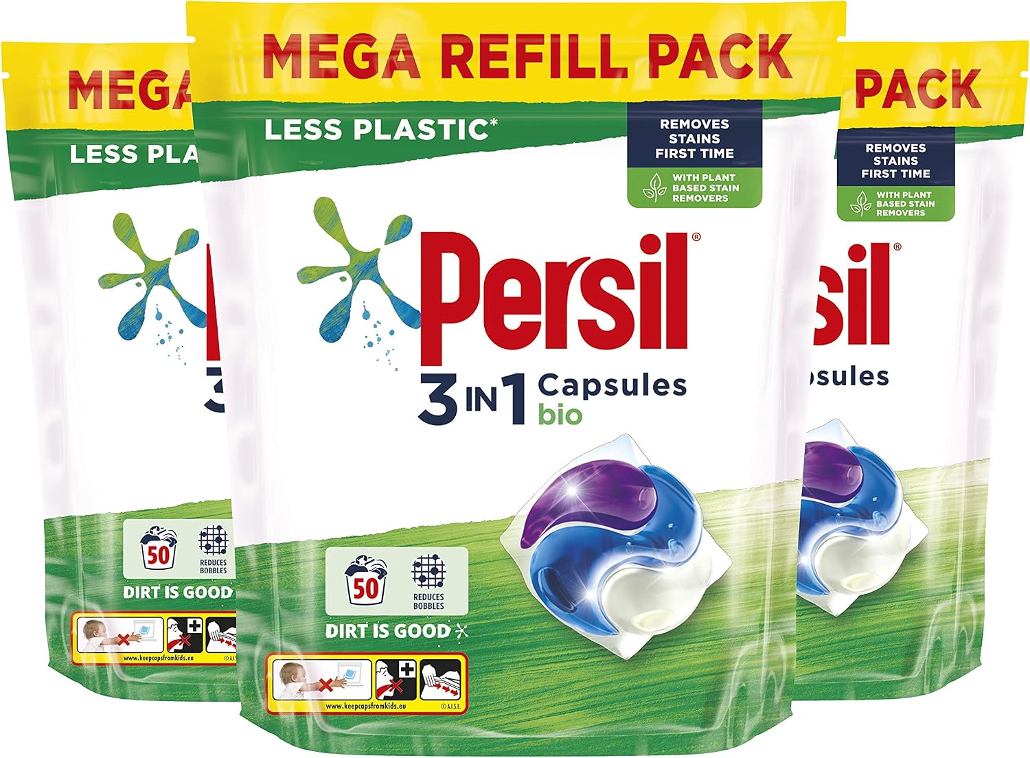 Persil Bio Laundry Washing Capsules brilliant stain removal mega refill pack 3x 50 capsules (150 washes), 50 count (Pack of 3)