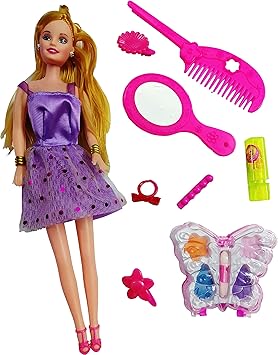 Pretty Girl Plastic Beautiful Barbie Doll with Beauty Accessories Like Hair Brush, Real Eye Shadow, Lipstick for Girls (Multicolour)
