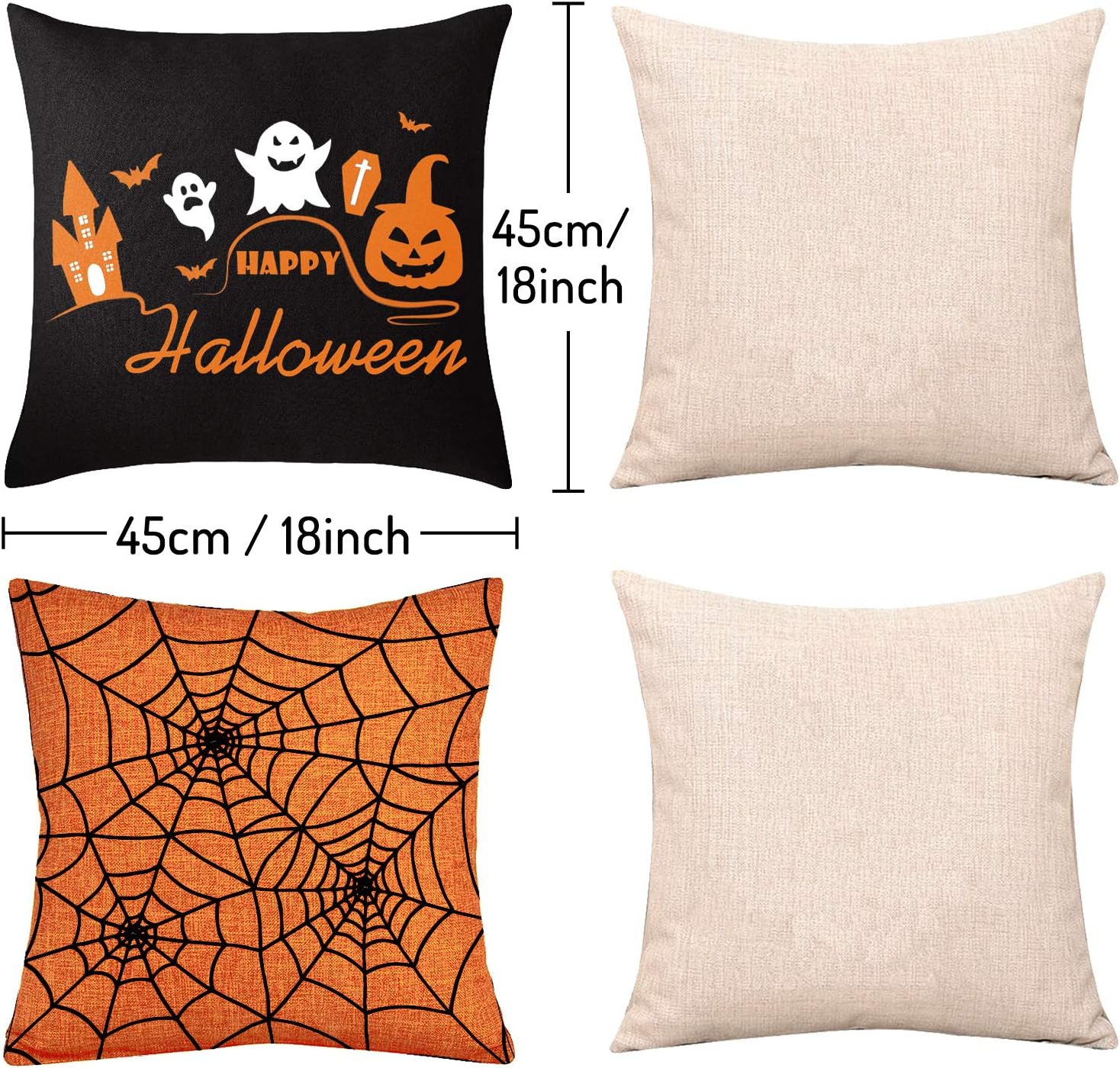 Whaline 4 Pieces Halloween Pillow Case, Orange and Black Pillow Cover, Happy Halloween Linen Sofa Bed Throw Cushion Cover Decoration (18" x 18"): Home & Kitchen