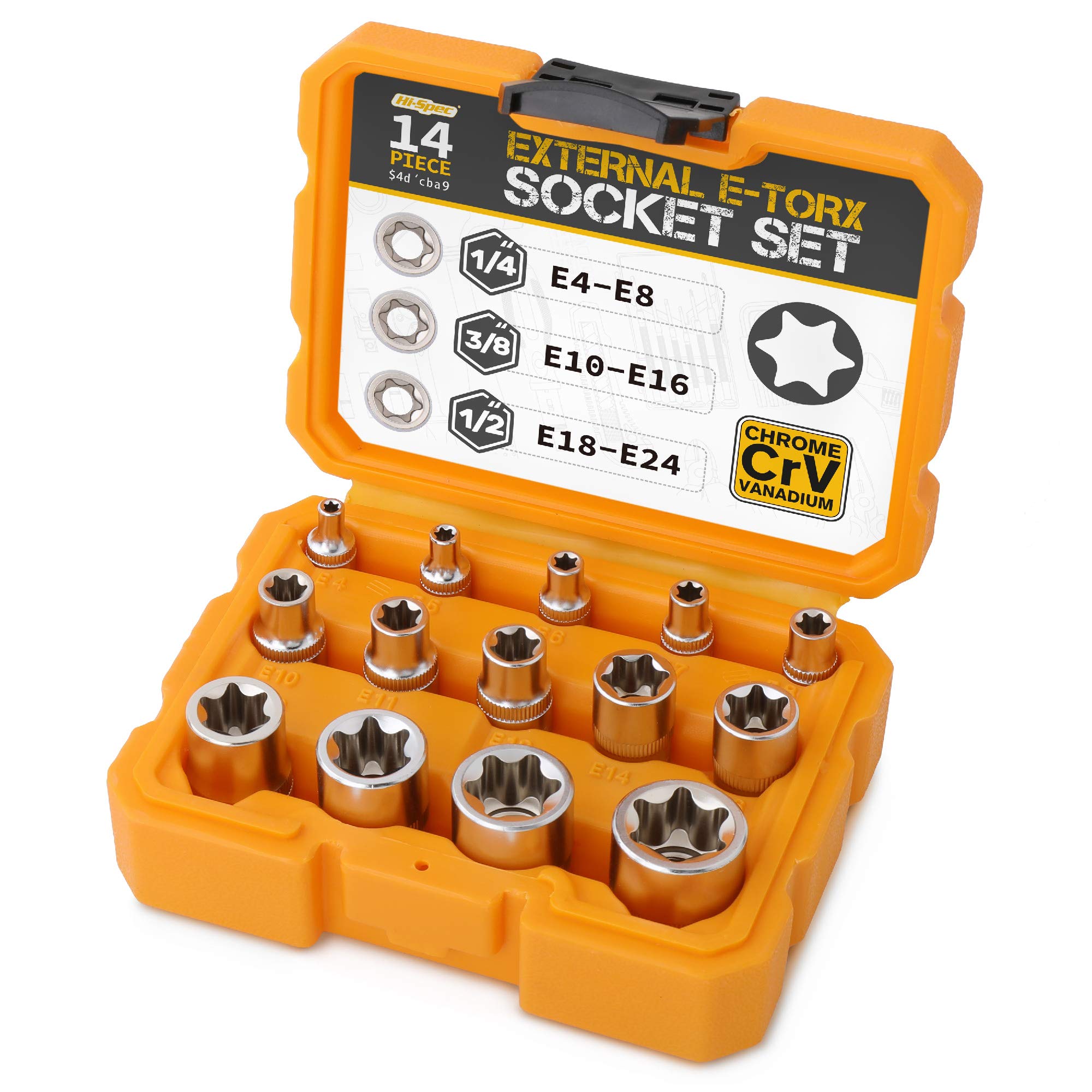 Hi-Spec 14pc External E Torx Socket Set. Female Star Head Sockets E4 - E24 & 1/4, 3/8, & 1/2" Drives