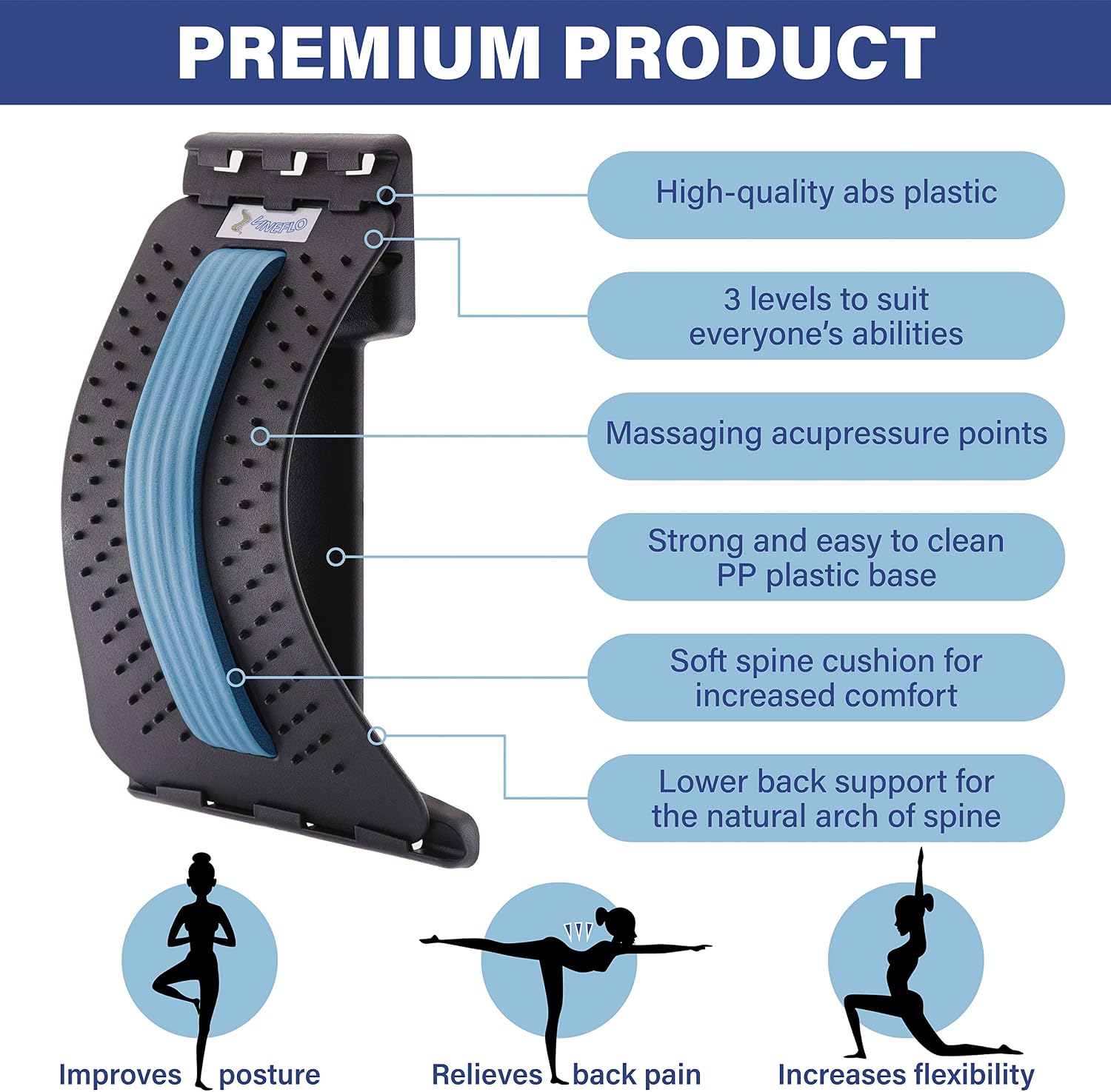 Vineflo Back Stretcher - Lower & Upper Back Massager for Spinal Pain Relief Posture Support, Blue - Image 4