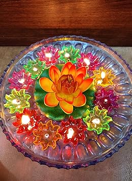 QUVYARTS Floating Rose Flower with 12 Floating Diya Candles Rose Flower for Diwali Lightings Home Decoration Tea Light Candles/Random Color (1 Rose Flower)