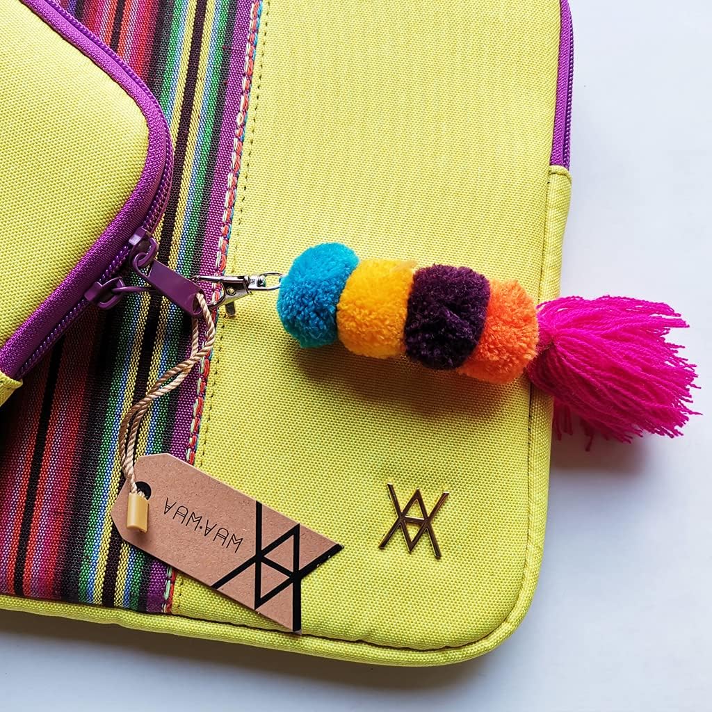 VAMVAM by Wondee Laptop Sleeve Up to 14" Yellow with Ethnic Style Colored Fabric Center Decorative Strip, Padded and Reinforced Zipper - Image 3