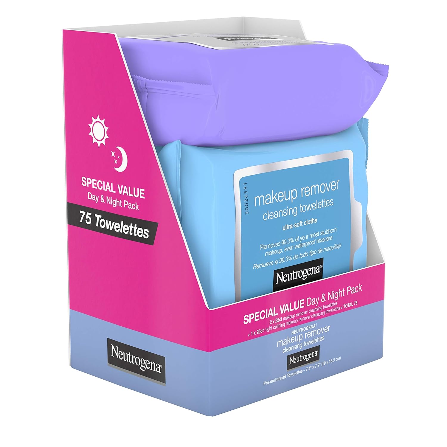 Neutrogena Day & Night Wipes with Makeup Remover Face Cleansing Towelettes & Night Calming Facial Cloths, Alcohol-Free Wipes to Remove Dirt, Oil & Waterproof Mascara, 3 Packs of 25 ct, 75 ct: Beauty
