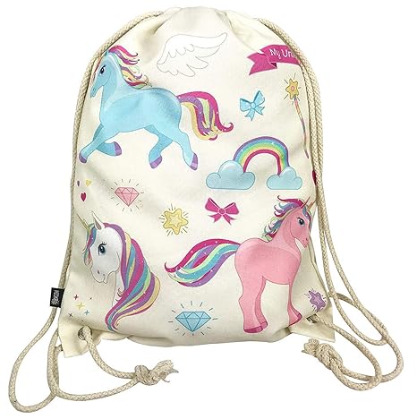 HECKBO® Unicorn Mädchen Turnbeutel - beidseitig mit bunten Einhorn Motiven Bedruckt - 40x32cm - waschmaschinenfest - geeignet