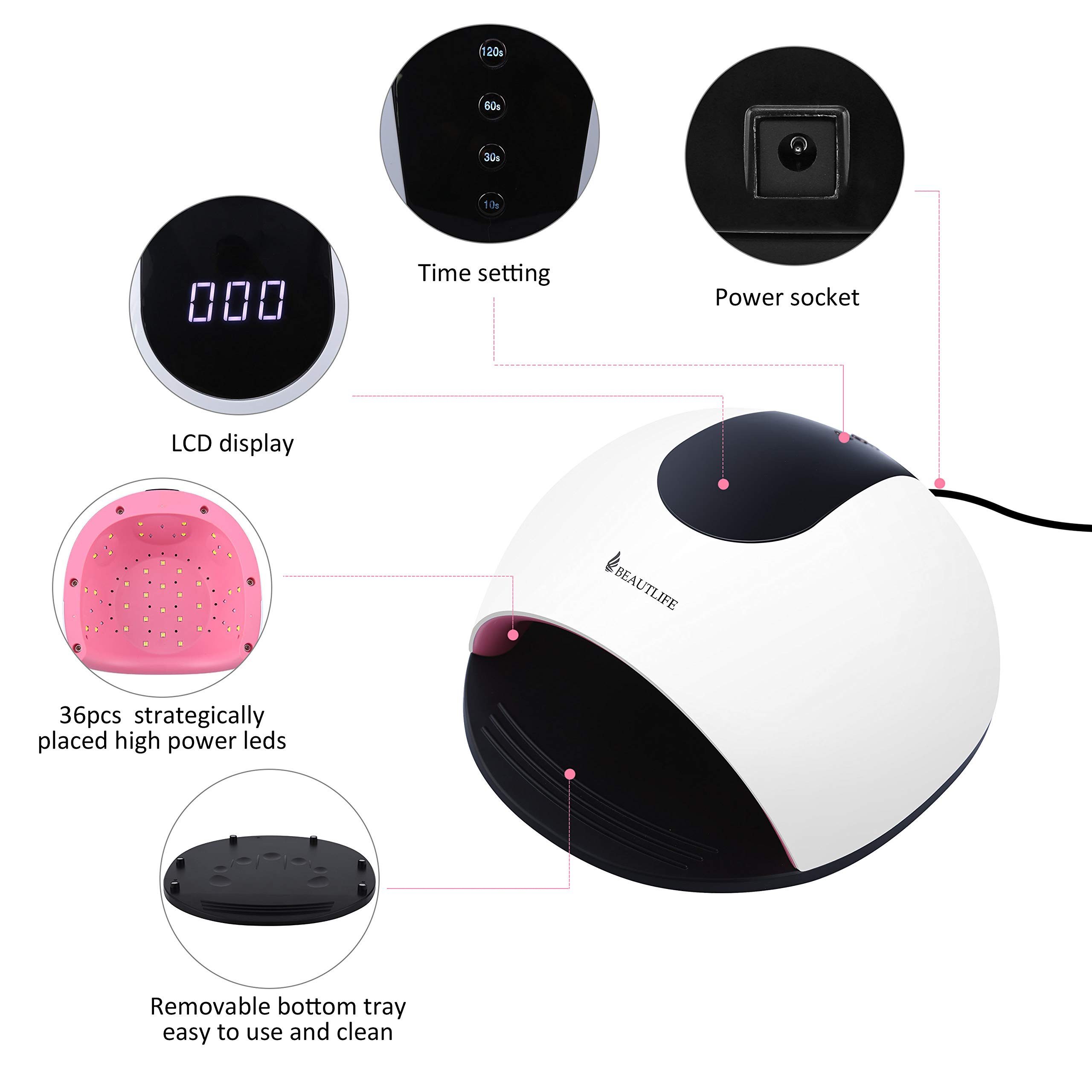 Sèche Ongles 72W Lampe UV LED Ongles Gel, Séchoir à Ongles Machine Semi Permanent avec Minuterie de 10s/ 30s/ 60s/ 120s, Capteur Automatique Intelligente et Écran LCD pour Tous les Gels (Blanc)