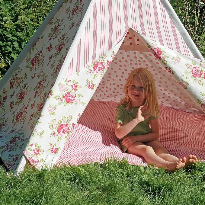 HAB & GUT (ZK001 Teepee - hochwertiges Stoffzelt für Kinder, Blumenmuster pink/Weiss, Höhe 135 cm, 183 cm - Holzstangen, Baum