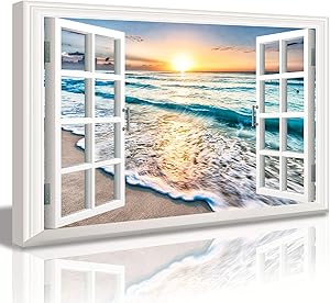 DJSYLIFE Bedroom Decor Beach Wall Art Canvas Wall Art for Living Room Nautical Coastal Ocean Fake Window Pictures for Bathroom Accessories Painting Sea Aesthetic Home Decorations 24X36 Poster Frame