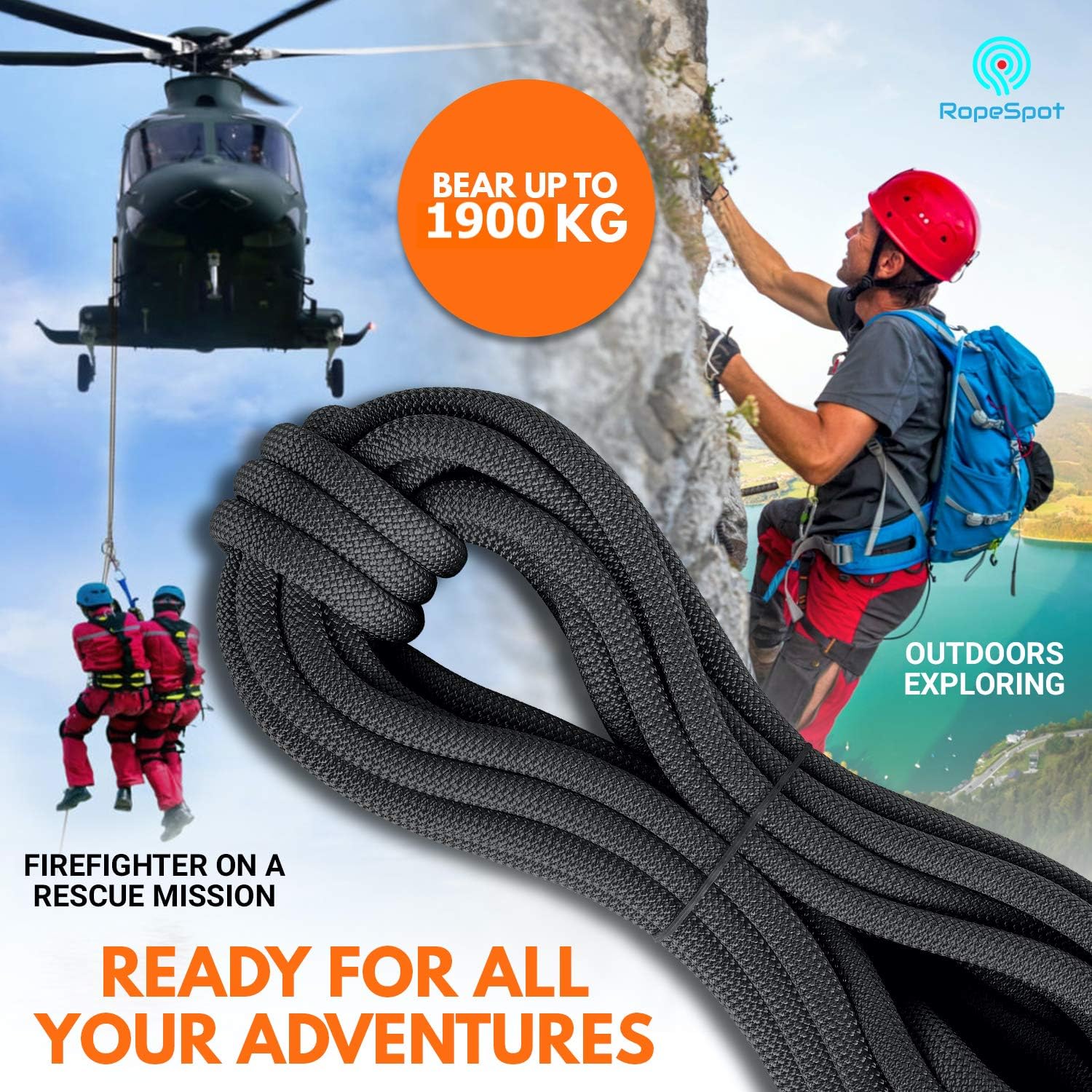 Powerful Static Rock Climbing Rope (Black, 96) : Sports & Outdoors