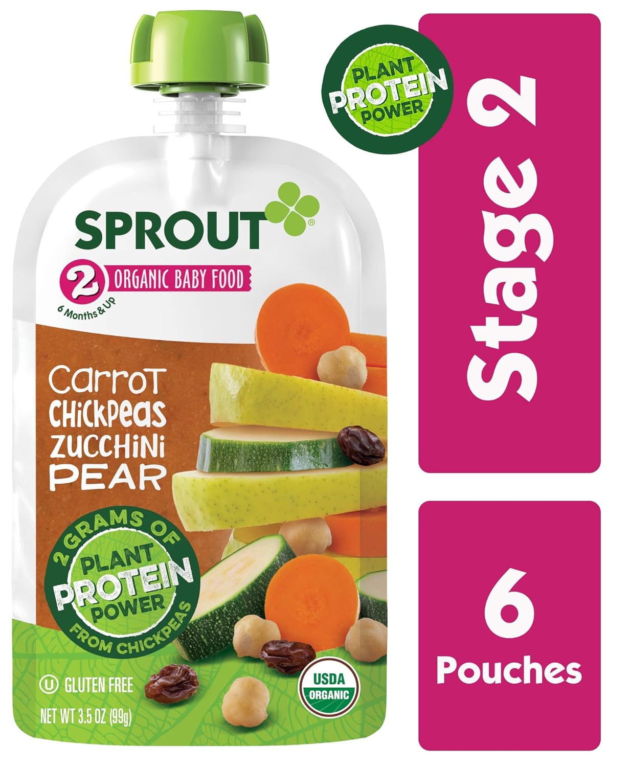 Sprout Organic Baby Food Pouches, Stage 2 Sprout Baby Food, Plant ProteinCarrot Chickpeas Zucchini Pear, 3.5 Ounce (6 Count) 2 Grams of Plant Powered Protein, USDA Organic, Non-GMO, Nothing Artificial