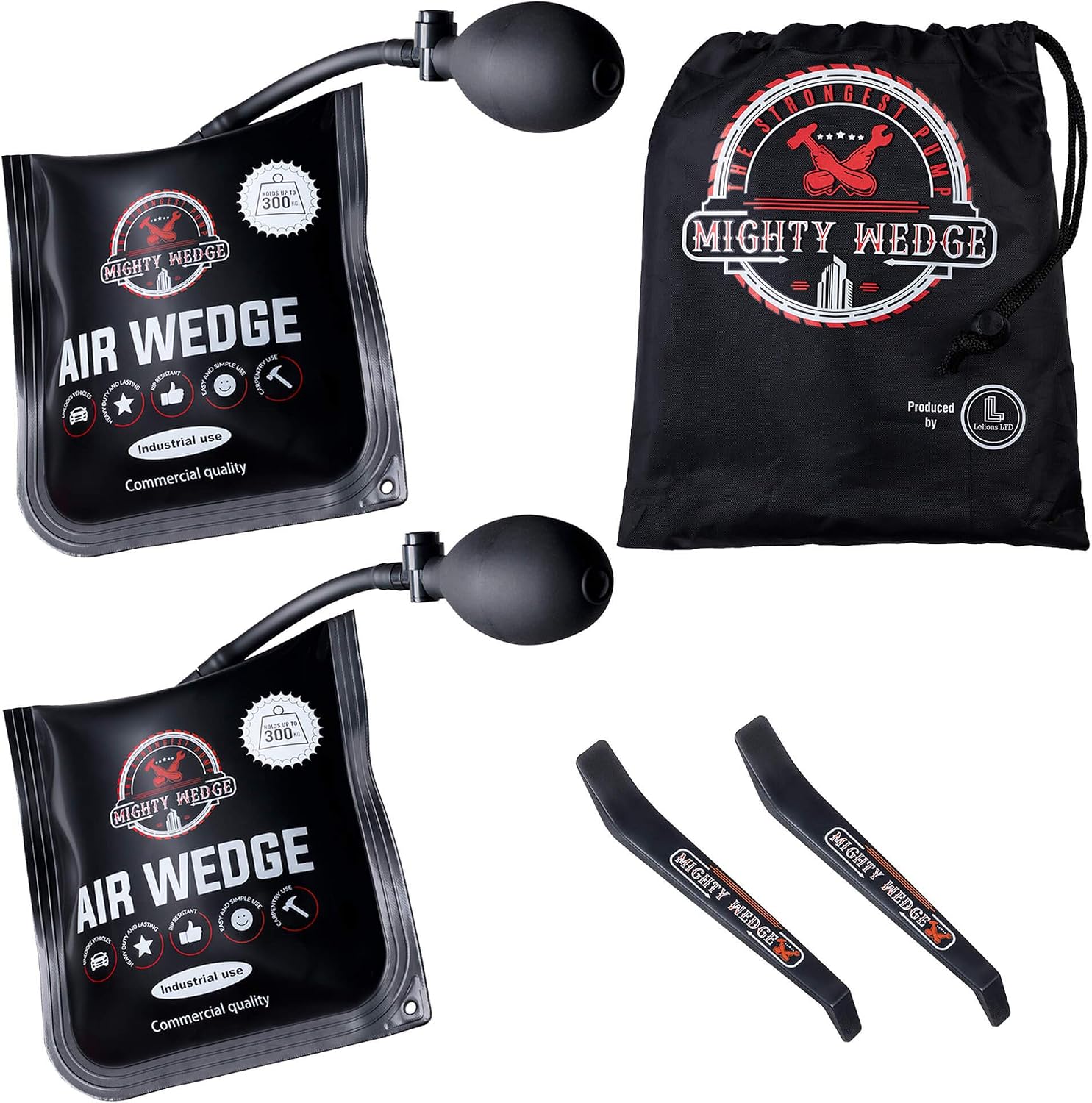 MIGHTYWEDGE Air Pump Wedge 5 Piece Kit, Inflatable Lifter Tool Each for Car Door, Window, Shower Fittings, 2 Shims