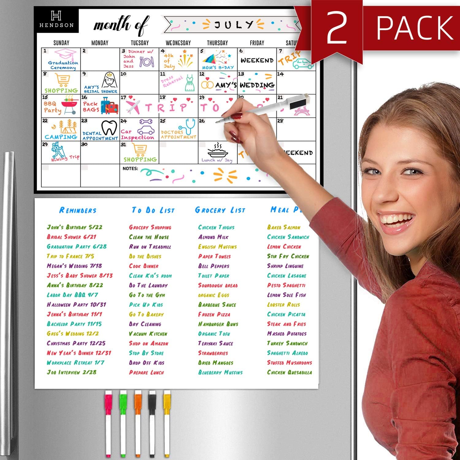 Magnetic Dry Erase Whiteboard Sheet and Monthly Calendar White Board for Kitchen Fridge – Set of Two 11" x 17" Multipurpose Refrigerator Organizer with Stain Resistant Technology, Reusable Magnet