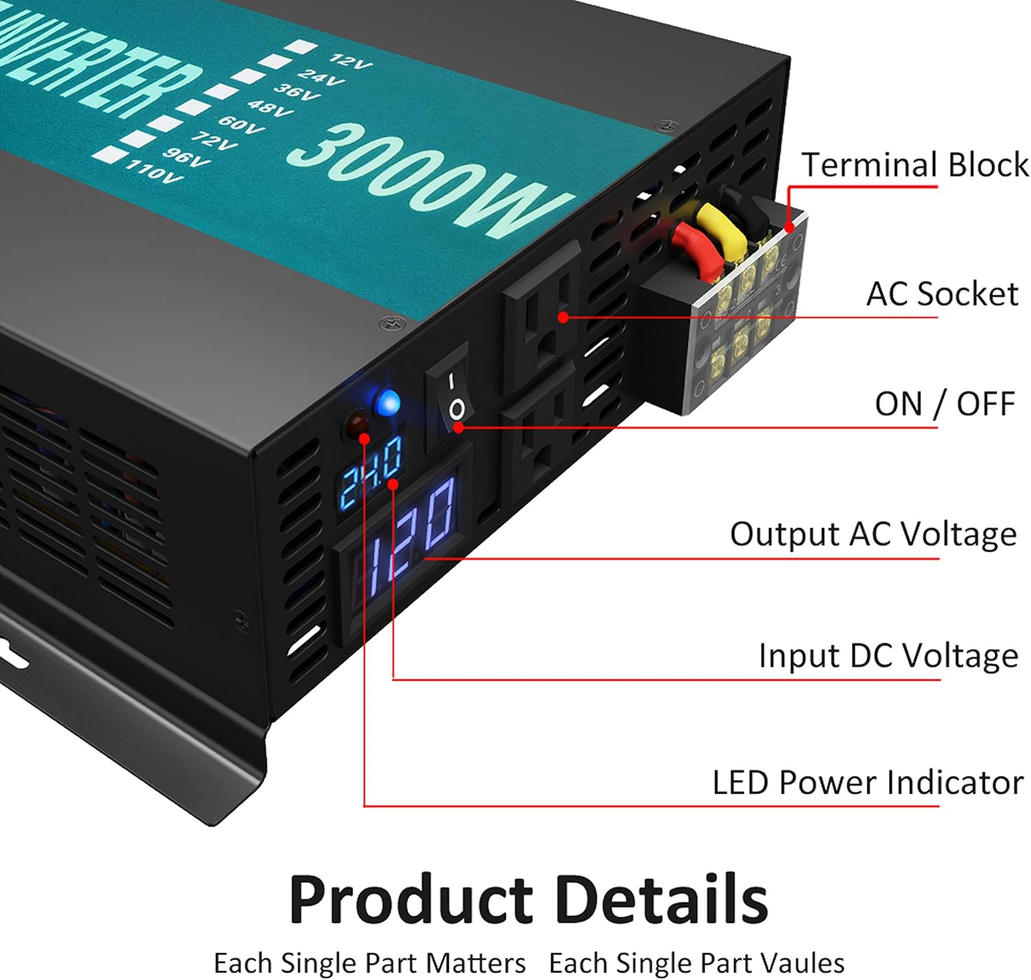 WZRELB 3000watt Pure Sine Wave Inverter 12V DC to 120V AC 60HZ with LED Display Car Inverter Generator (RBP300012B1): Electronics