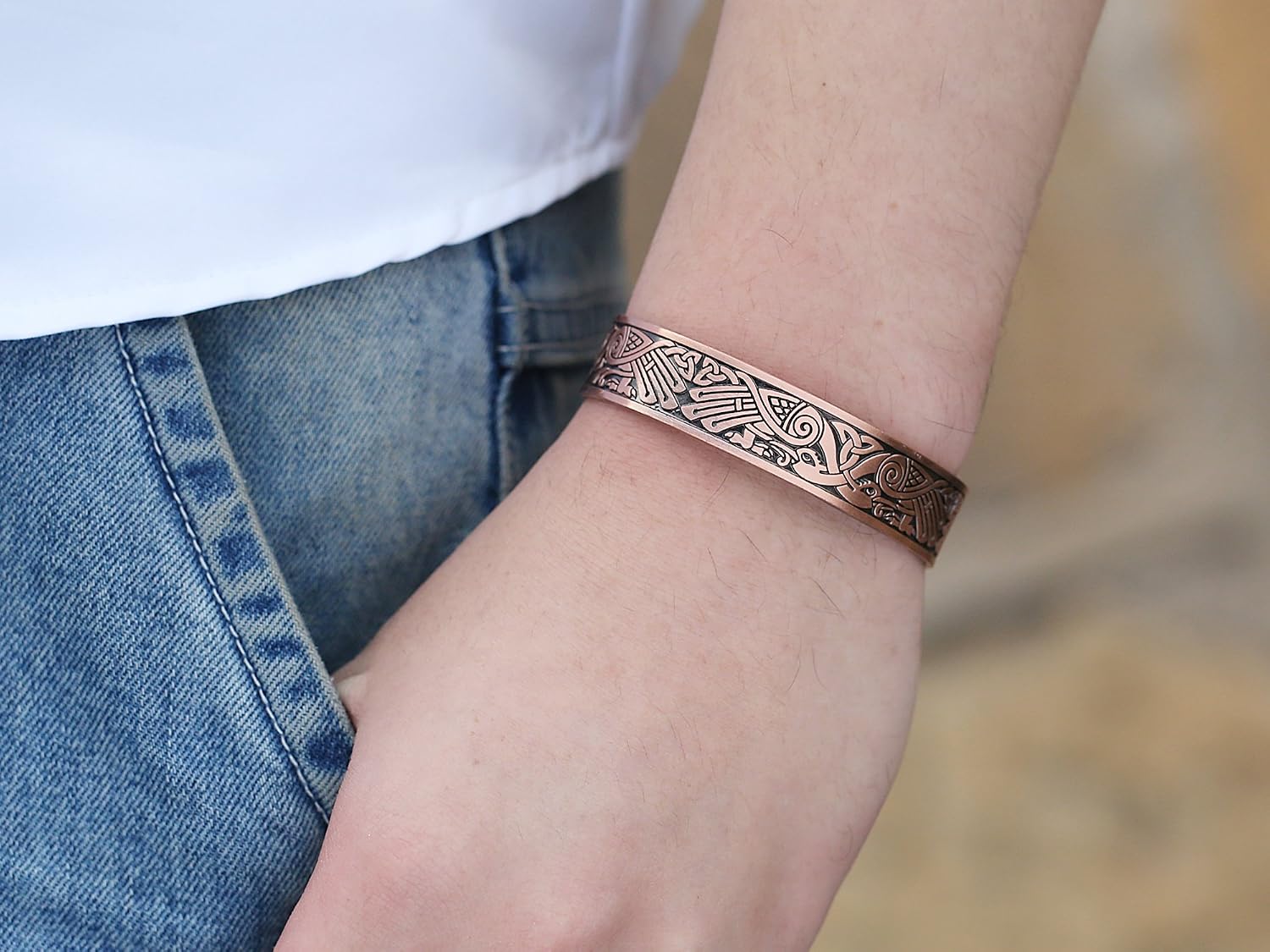 My Shape Magnetic Bracelet Viking Raven Cuff Bangle Irish Knotwork Birds Talisman Pagan Jewelry, Antique Copper, Adjustable - Image 3