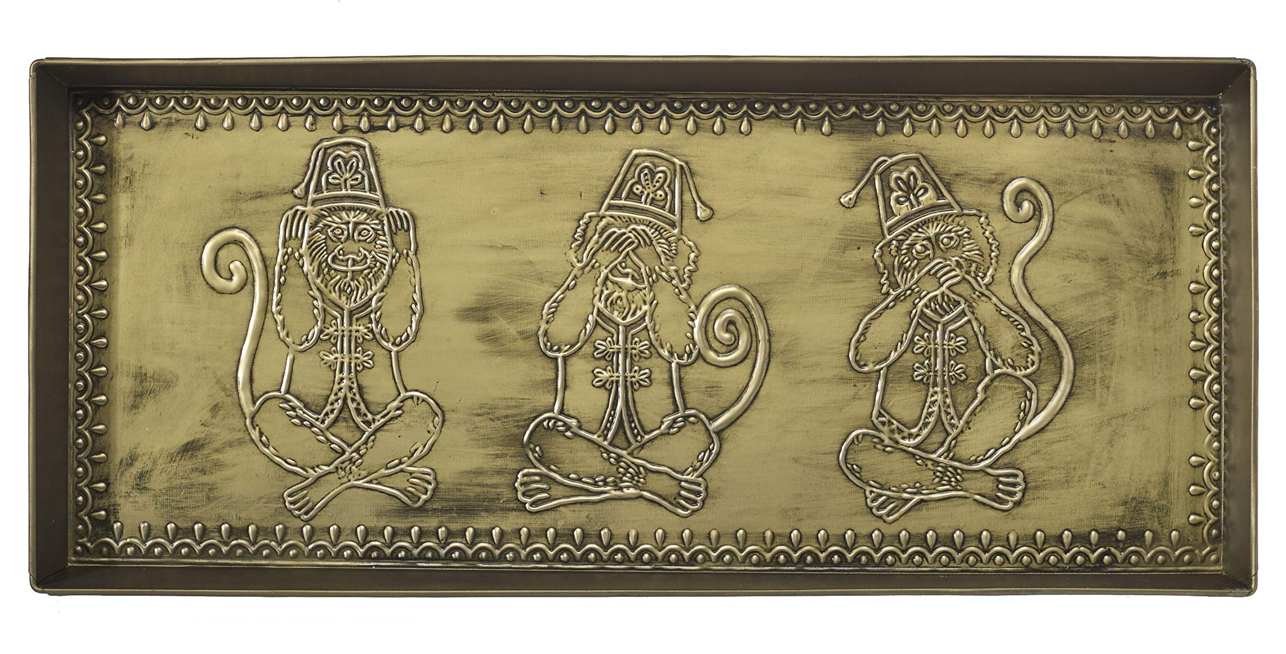HF by LT Hear No Evil Design Metal Boot Tray, 30" x 13", Antique Brass Finish