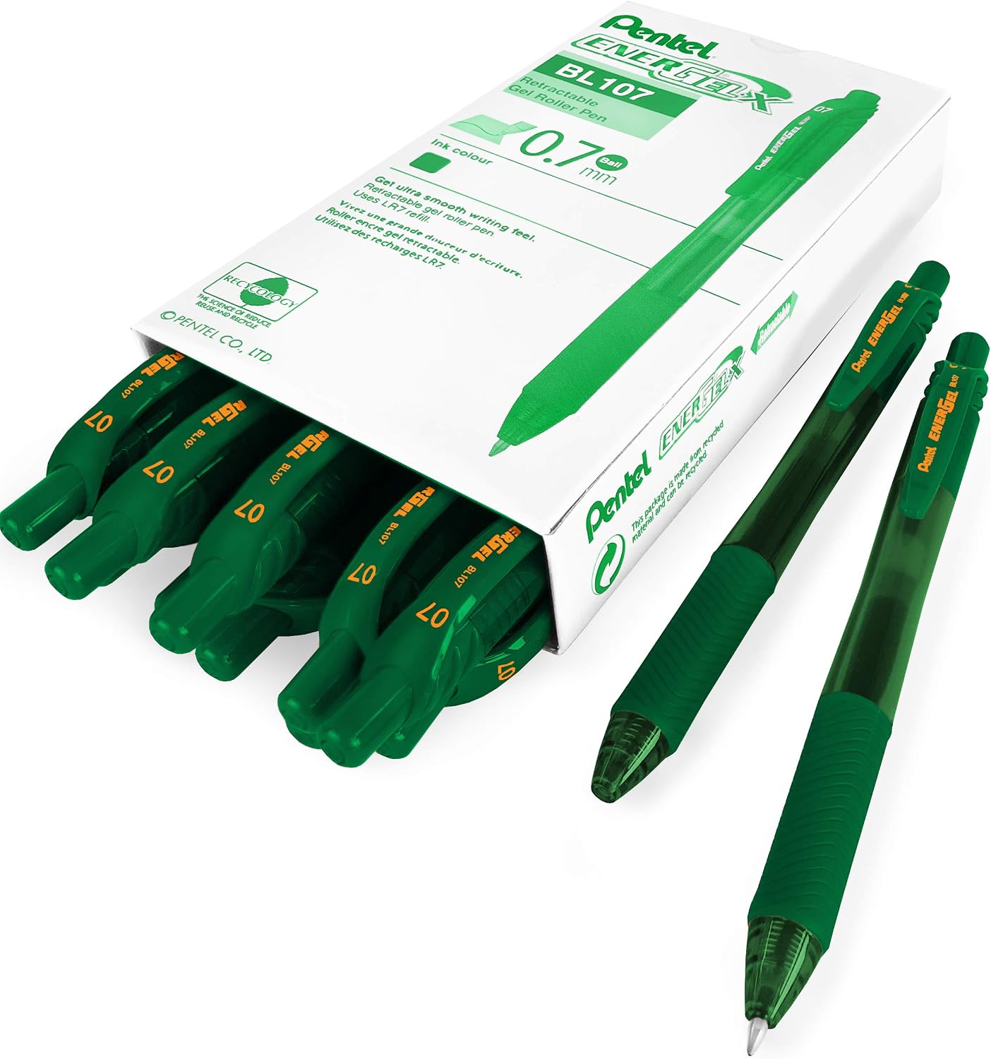 Pentel Energel X BL107 Retractable Gel Rollerball Pens - 0.7mm - Green Ink - Pack of 12, 1 count (Pack of 12)