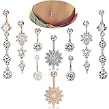 Jstyle 10-12 Pcs 14G Stainless Steel Belly Button Rings Women Girls Navel Rings CZ Dangle Curved Barbell Body Piercing Jewelry