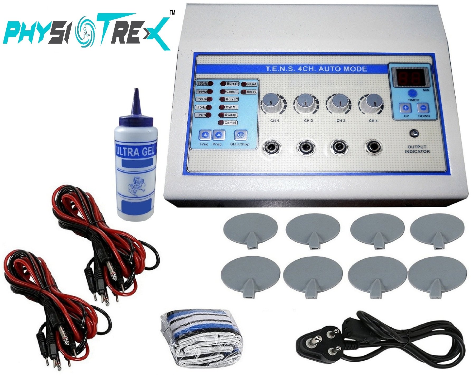 PHYSIOTREX® Physio Solutions White Electro-Therapy Tens 4 Channel Automode Machine For Physiotherapy with 1 YEAR WARRANTY & FREE GEL BOTTLE