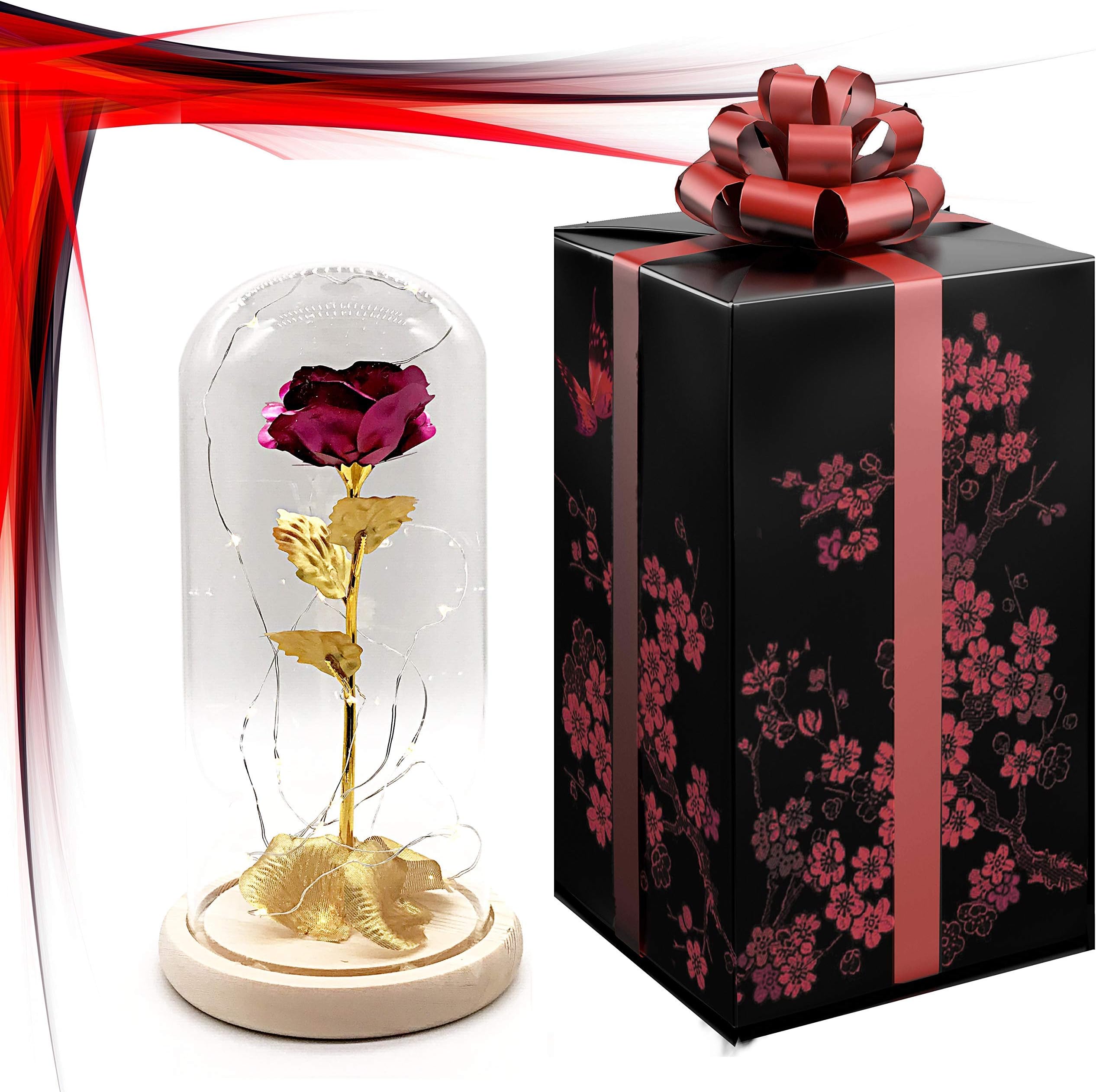 ROYALCRAFT FINERY Beauty and The Beast Rose Kit, Colorful Gold Foil Rose and Led Light in Glass Dome on Brown Wooden Base for Home Decor Holiday Party Wedding Anniversary