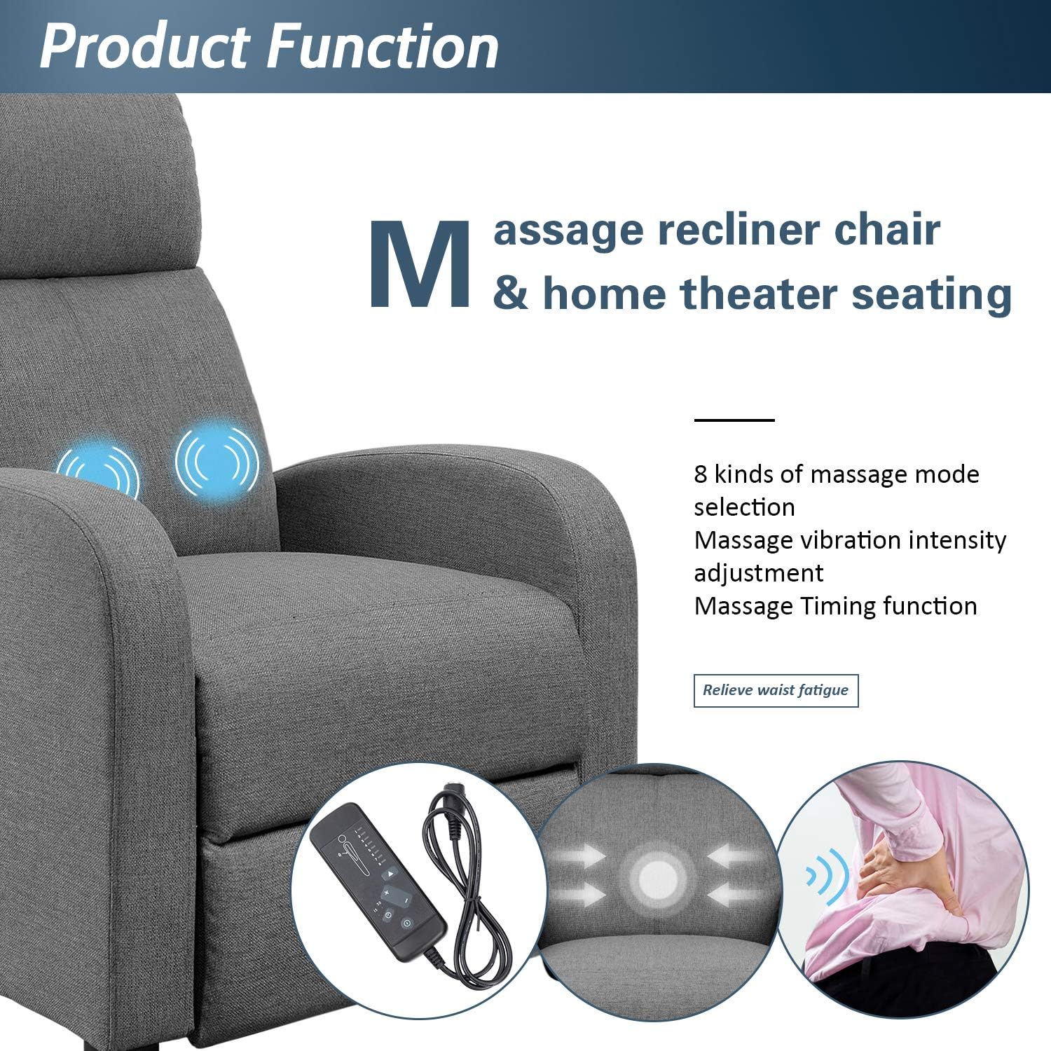 JUMMICO Fabric Recliner Chair Adjustable Home Theater Single Massage Recliner Sofa Furniture with Thick Seat Cushion and Backrest Modern Living Room Recliners (Grey): Furniture & Decor