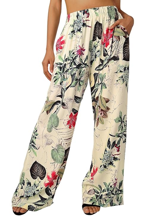 BAISHENGGT Damen Blumenmuster Locker Weite Beine Lange Hose mit Seitentaschen