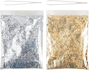 Deoot Gold Leaf Flake Imitation Gold Leaf Flake, Silver Leaf Flake for Resin,Arts,Nails Art,Total 30g with 2 PCS Plastic Tweezer