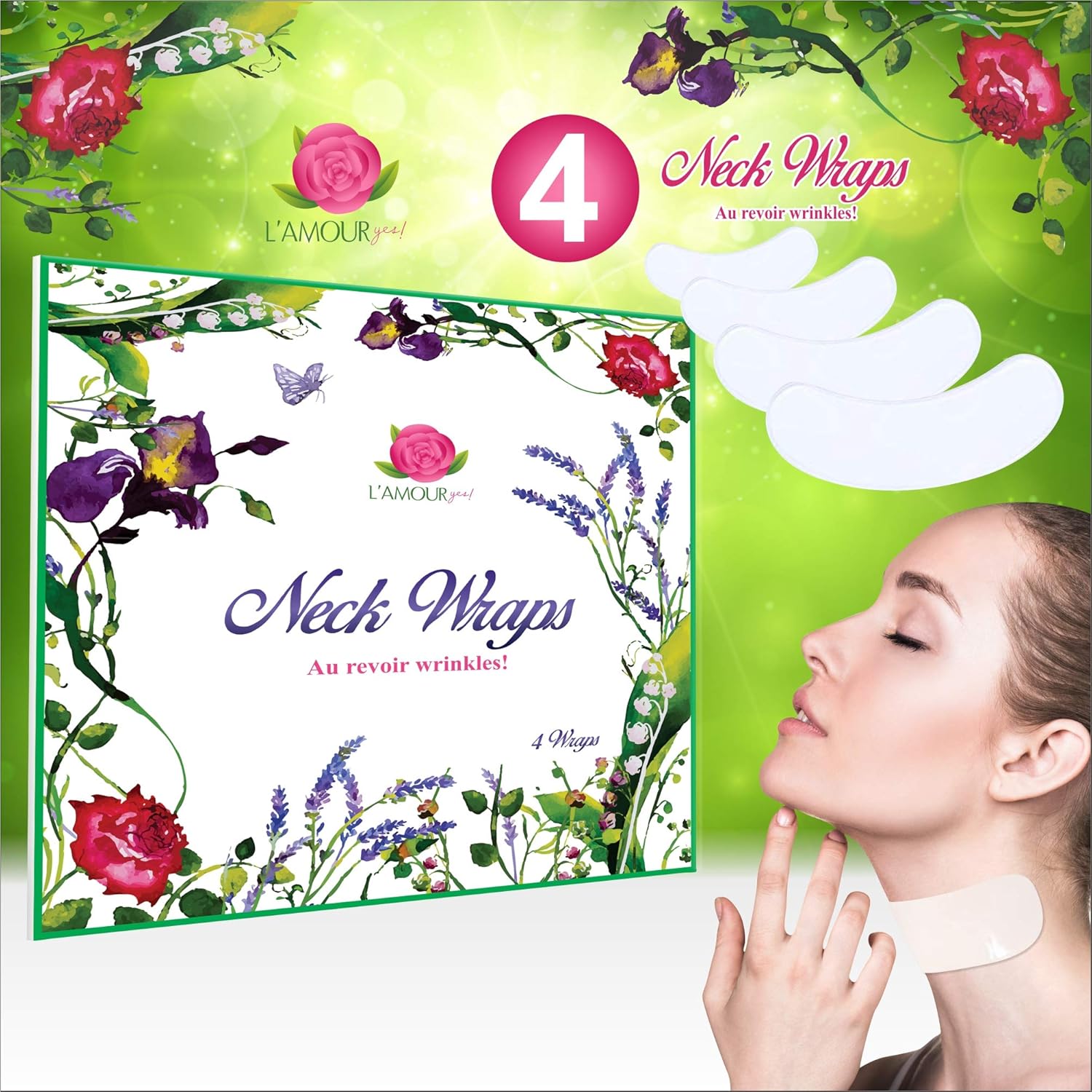 (4-Pack) Silicone Anti-Wrinkle Neck Pads | Treat & Prevent Neck Wrinkles | Set of 4 Reusable Collette (Neck) Masks | PLUS BONUS Neck Tightening Exercises | Designed by L'AMOUR yes!