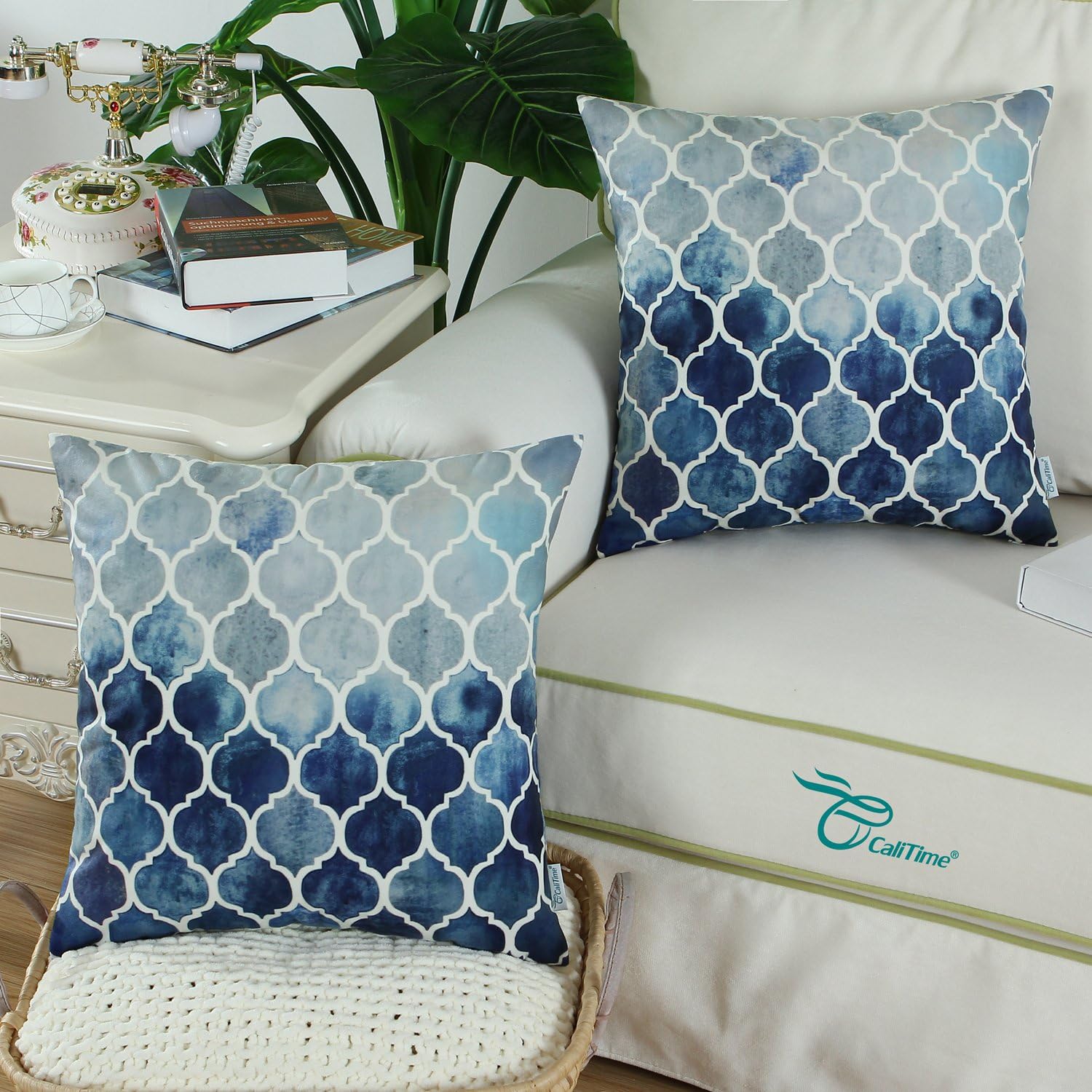 CaliTime Pack of 2 Cozy Throw Pillow Cases Covers for Couch Bed Sofa Manual Hand Painted Colorful Geometric Trellis Chain Print 50cm x 50cm Main Grey Navy Blue - Image 3