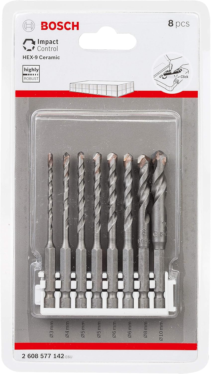 Bosch Professional 8-Piece Impact Control Ceramic Drill Bit Set (Tiles, Porcelain & Ceramics, Pick and Click, HEX-9