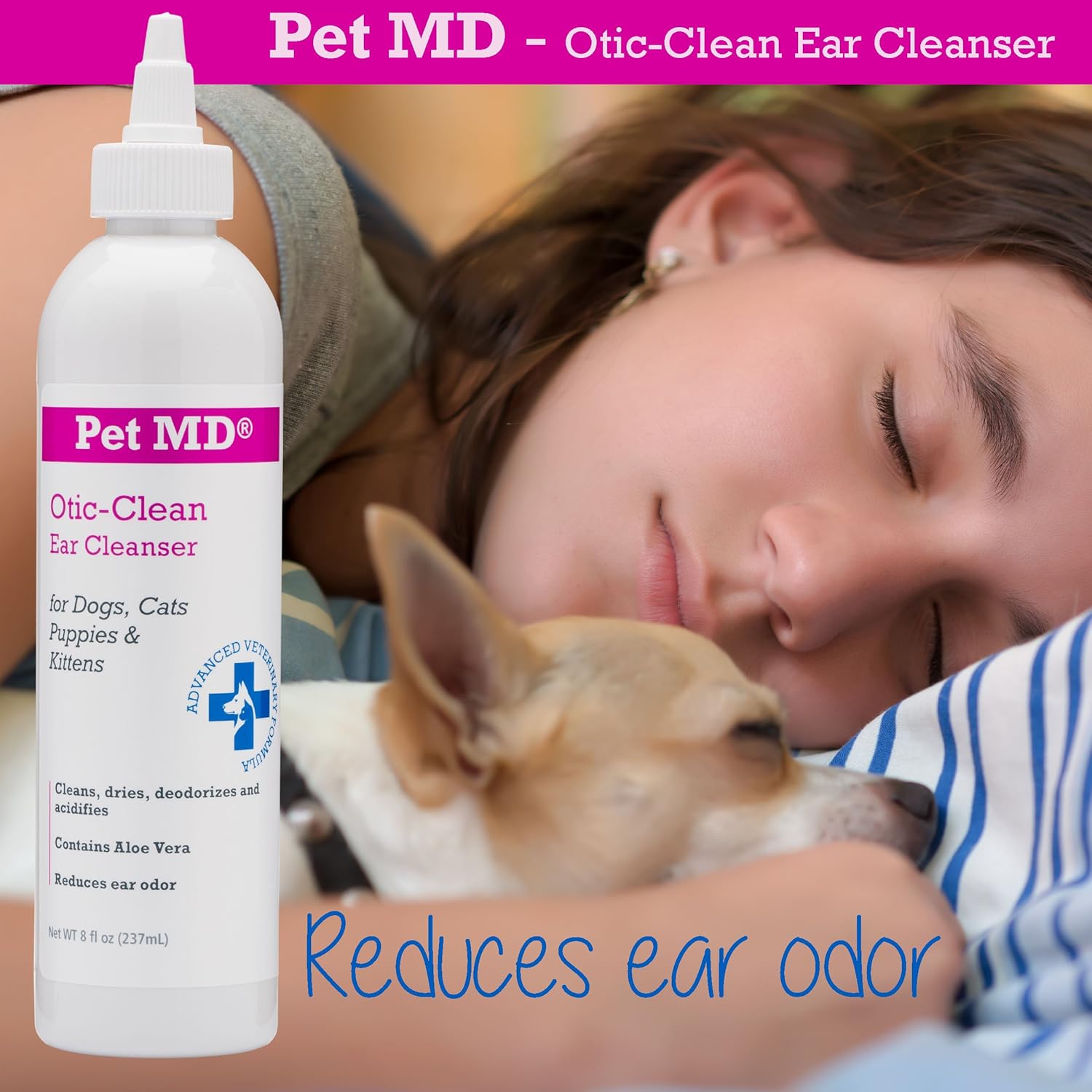 Pet MD Otic Clean Dog Ear Cleaner for Cats and Dogs - Effective Against Infections Caused by Mites, Yeast, Itching and Controls Odor - 8 oz : Pet Supplies