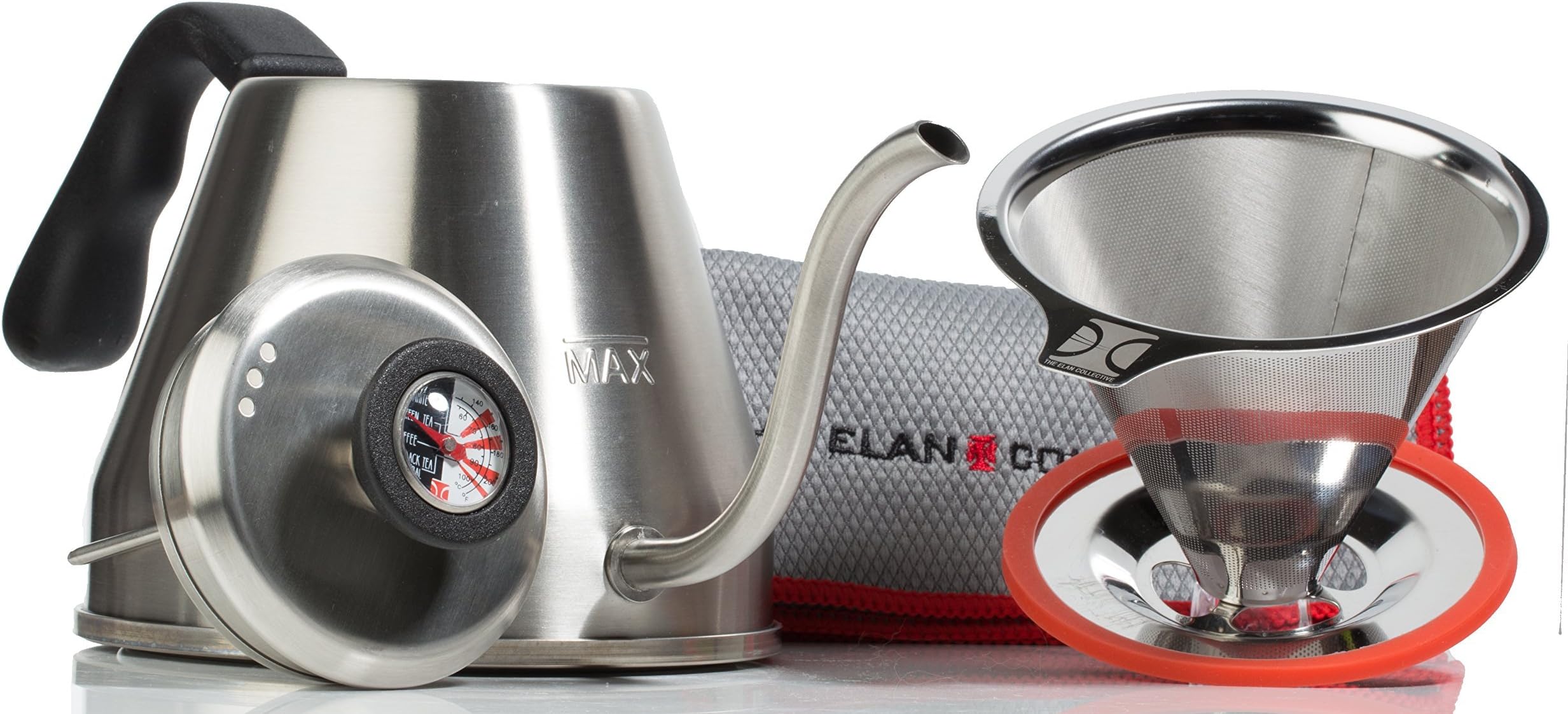 Pour Over Coffee Essentials Brewing Set | Brewers Kettle & Stainless Steel Pour Over Coffee Brewer | Directions & Tips Card | Polishing Cloth | Makes 1-4 Cups | by The Elan Collective (Rich Black)