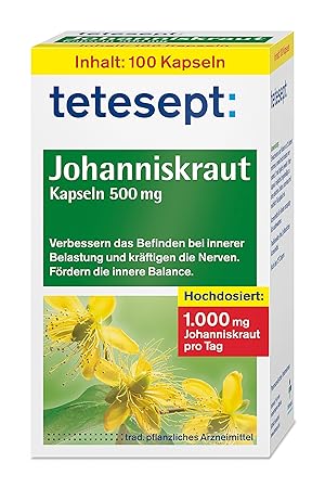 tetesept Johanniskraut Kapseln 500 mg – Kapseln zur Stabilisierung bei innerer Belastung - verbessern das Befinden und kräfti