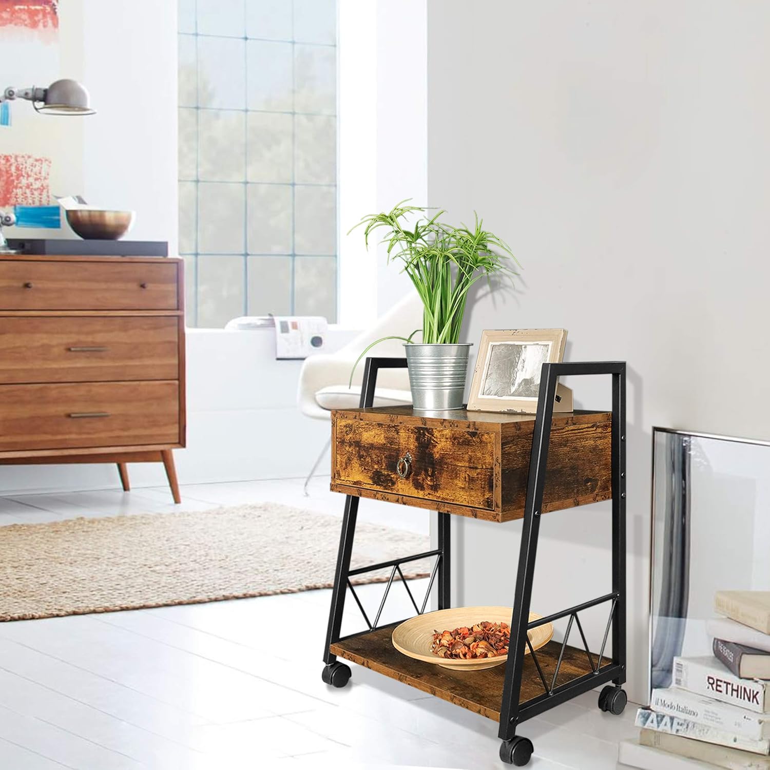 Lavievert File Cabinet with Drawer, Mobile Filing Cabinet Printer Stand with Open Storage Shelves, Printer Table Cart with Wheel for Home Office - Rustic Brown: Home Improvement