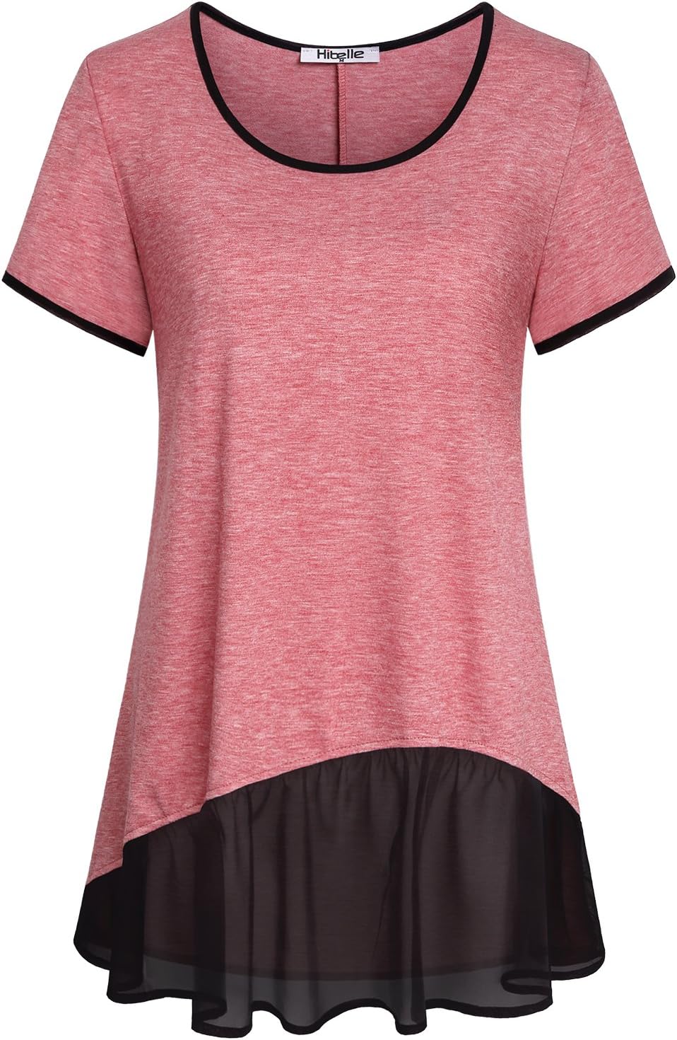 Hibelle Women's Scoop Neck Short Sleeve Patchwork Chiffon Hem Casual Tunic Top