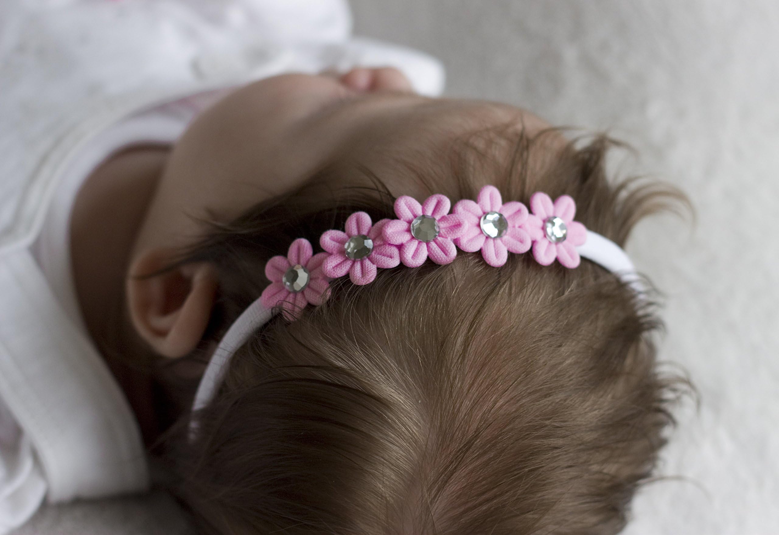 Girls Headbands, Baby Headband, Christening Headband, Flower Headband, Flower Girl Headband, Baby to Adult Headband, Five Small Flowers Handmade Headband, Golden Beam (Pink and White)