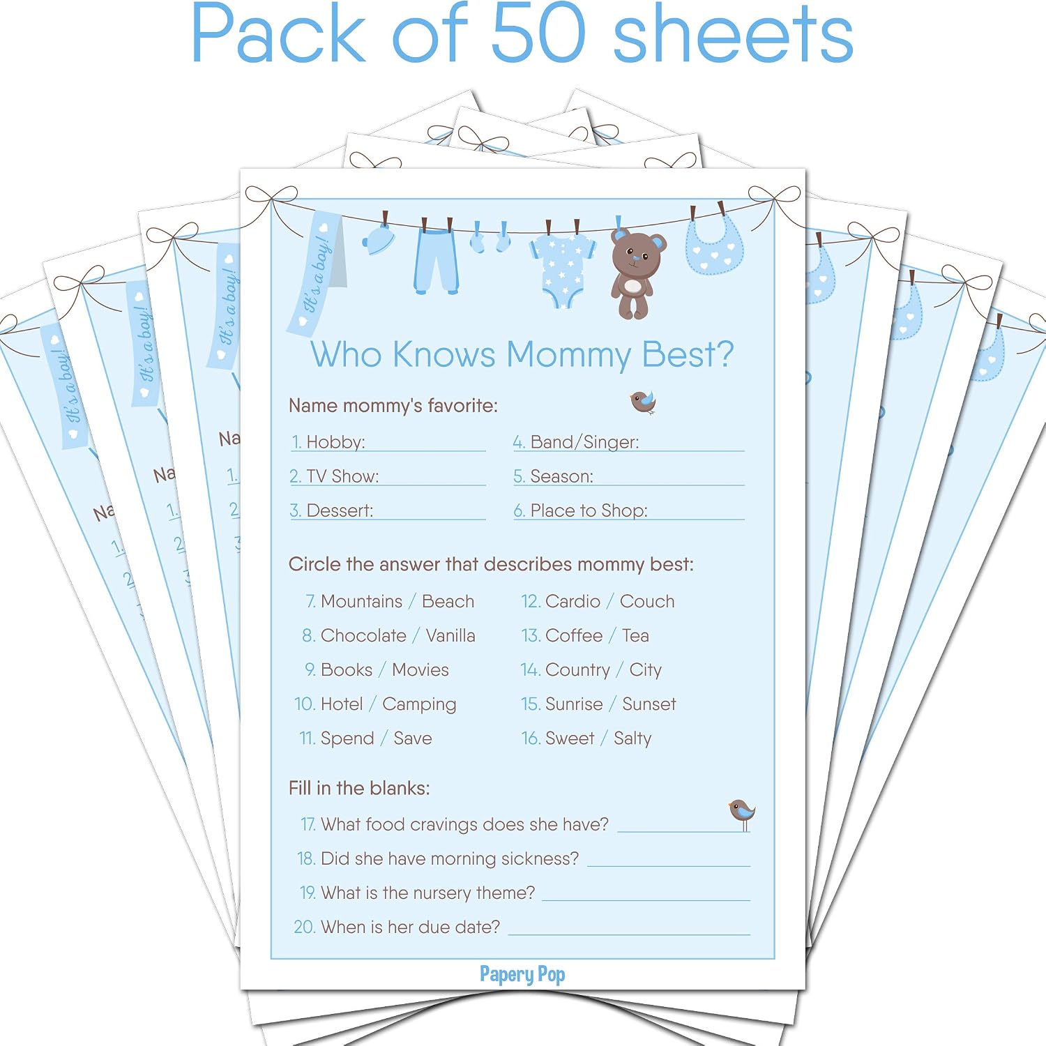 Pack Of 50 Party Activities Supplies Papery Pop Baby Shower Games Ideas For Boy Who Knows Mommy Best Game Cards Party Games Crafts Toys Games