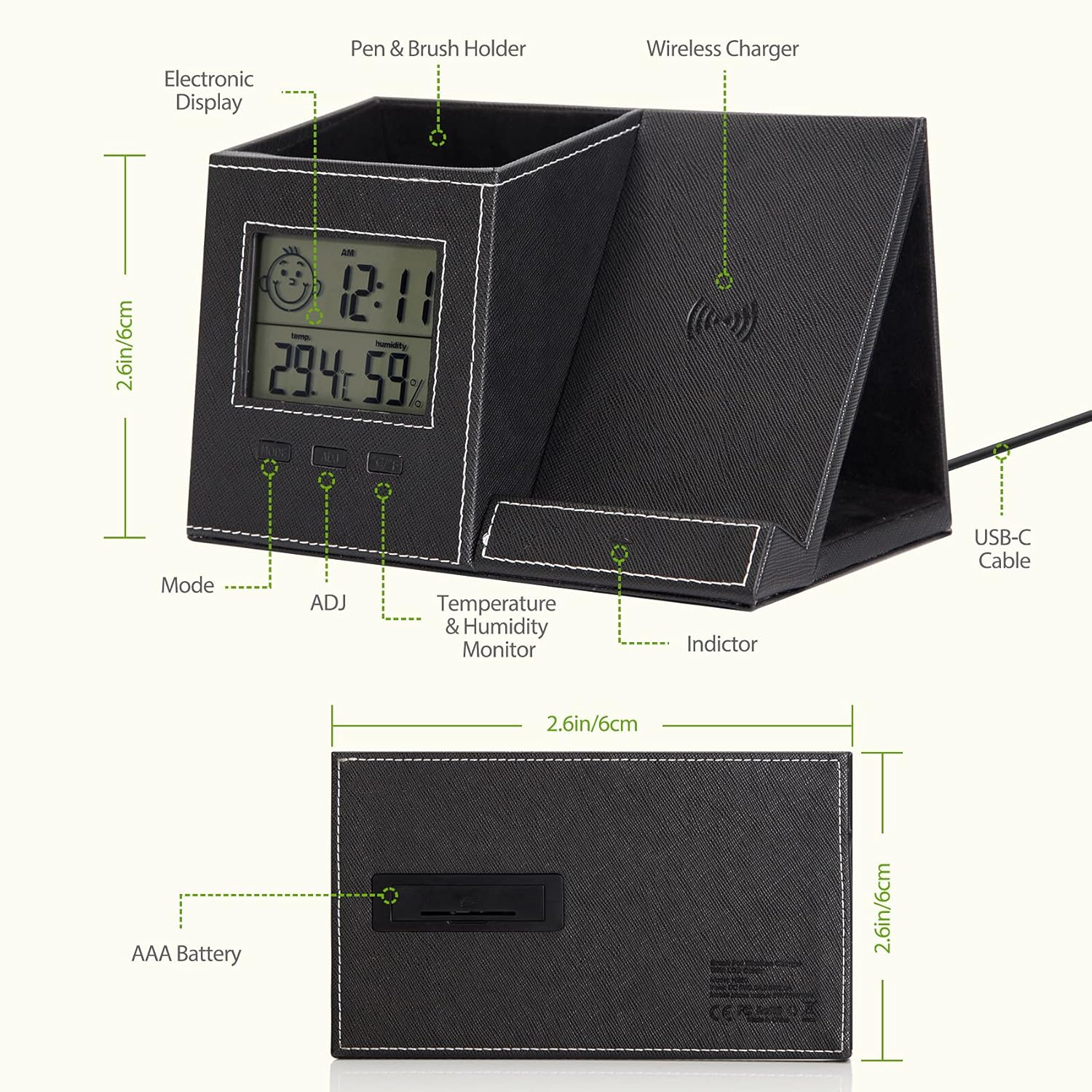 Desk Organizer with Pen Holder, Wireless Charger, Digital Indoor Thermometer and Humidity Gauge, Desk Storage and Supplies, Home Office Organizers for Desk (Battery Included): Home Improvement