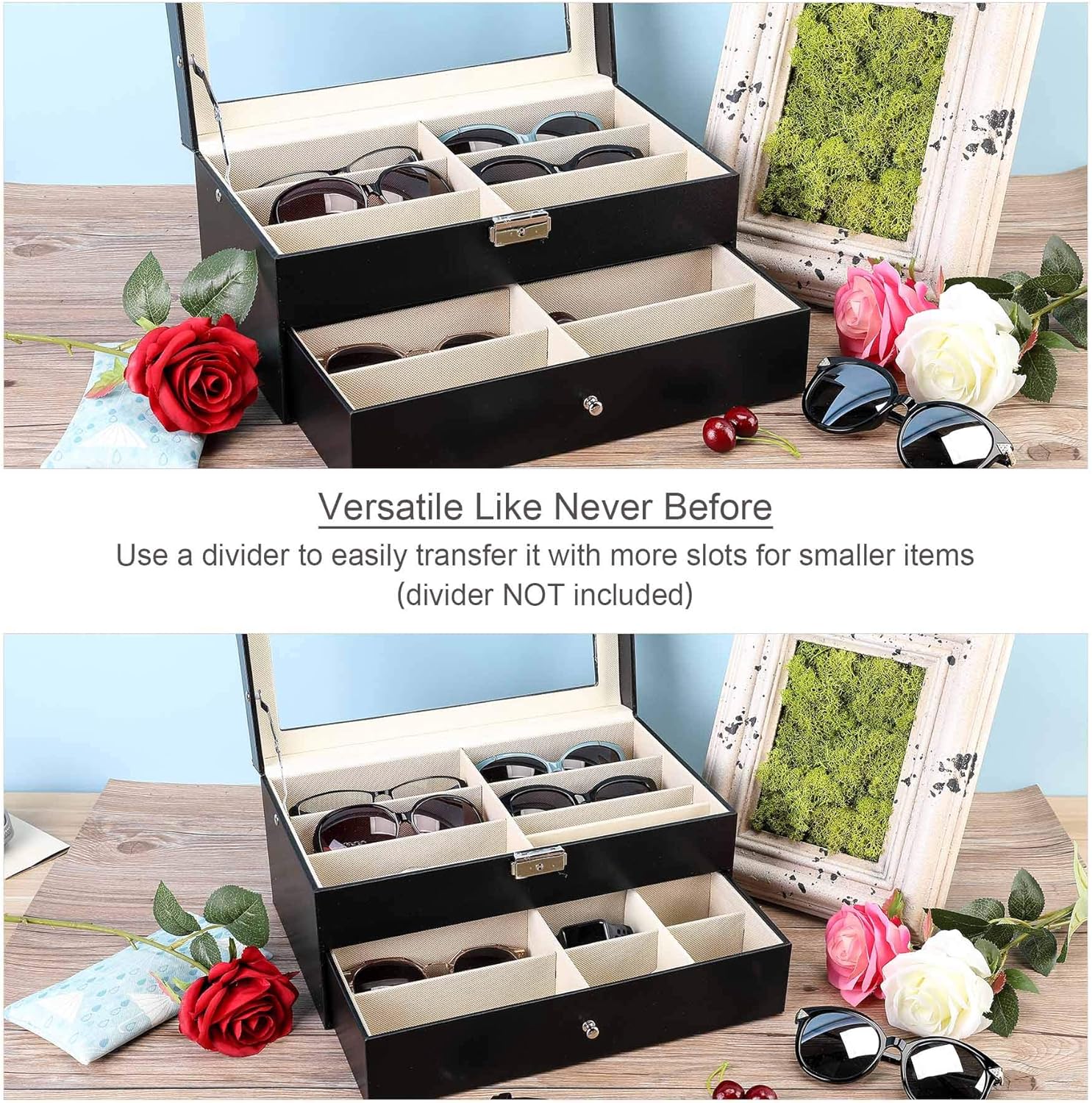 CO-Z Sunglasses Organizer for Women Men, Multiple Eyeglasses Eyewear Display Case, Leather Multi Sunglasses Jewelry Collection Holder with Drawer, Sunglass Glasses Storage Box with 12 Compartments: Home & Kitchen