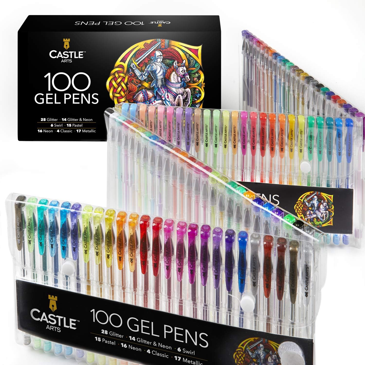 Castle Art Supplies 100 Gel Pens Set with Case for Adults Children Artists | Ideal for Coloring Books Drawing Scrapbooking Writing | Swirl Pastel Metallic Glitter and Neon Smooth Fine Tip Gels : Office Products